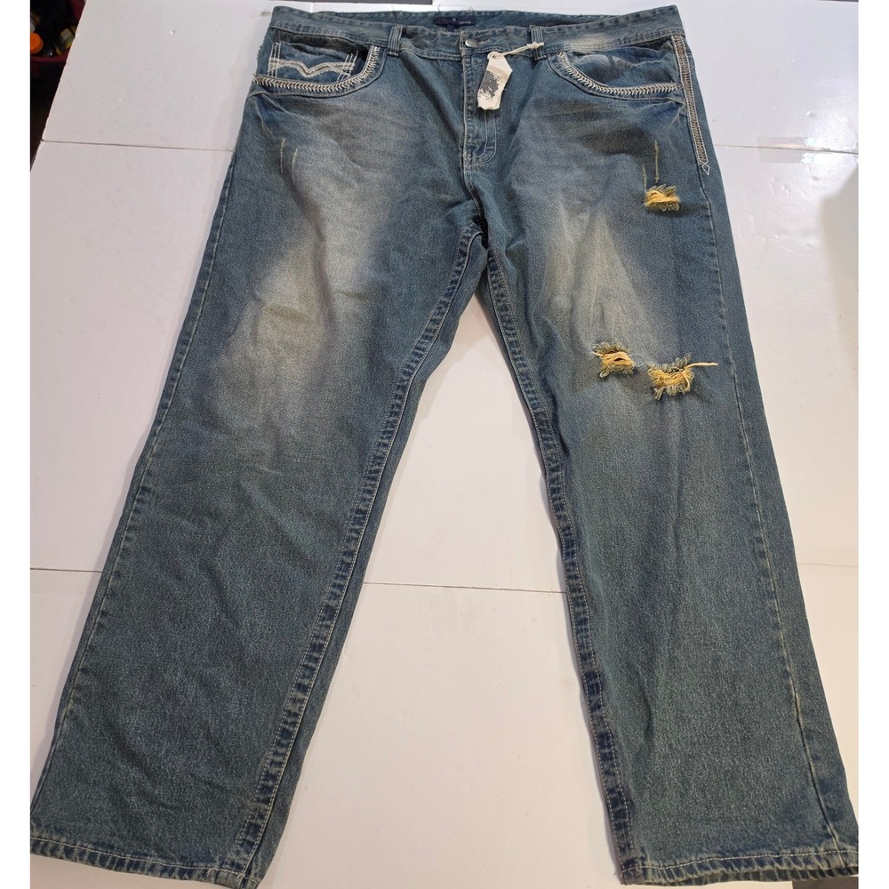 GS115 Mens Distressed Relaxed Straight Jeans Blue Embroidered 48x32 Dtreetwear